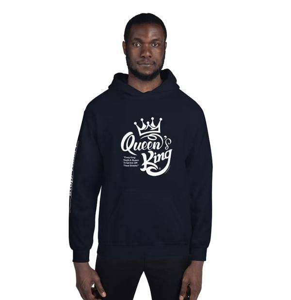 Model wearing the black Queen’s King premiere hoodie