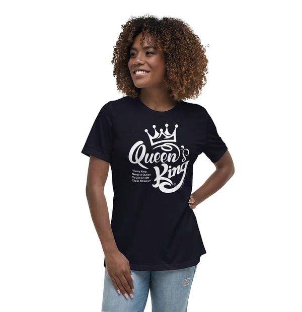 Model wearing the black Queen’s King premiere t-shirt